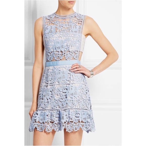 Self Portrait Lace Peplum Mini Dress Light Blue Size 10 - Picture 16 of 16